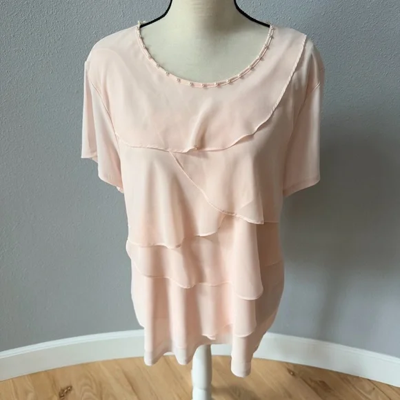 Karl Lagerfeld Paris Tiered Short Sleeve Soft Pink Layered Blouse - Picture 2 of 13